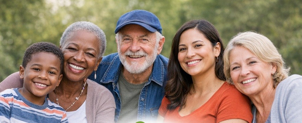 Diverse community members smiling together