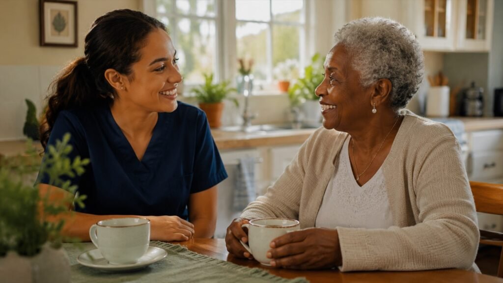 Mantra Health Alliance Companion Care — a companion and older adult sharing conversation at home
