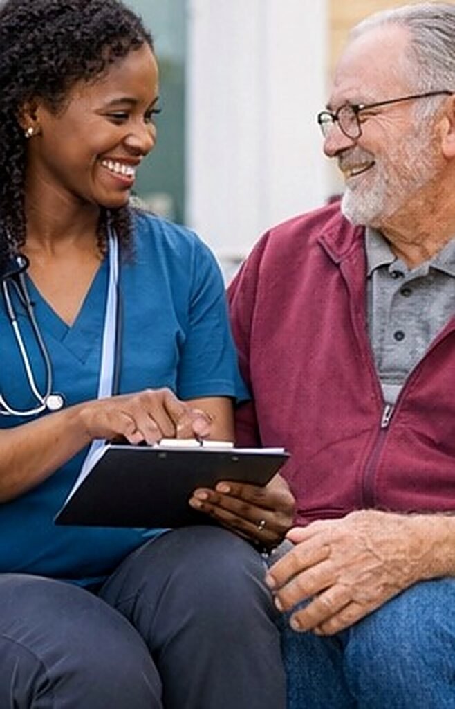 Healthcare worker coordinating care with an elderly patient